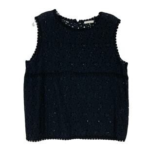 nwot 6397 Top L Black Lace Eyelet Crochet Trim Sleeveless Cotton Blend USA